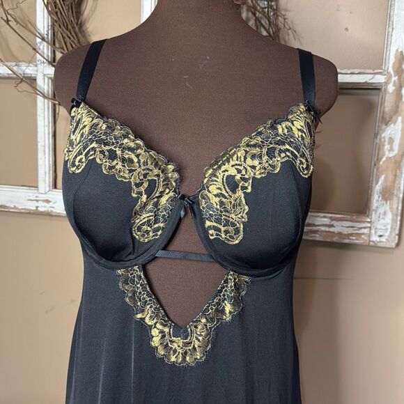 Cacique lane Bryant women’s slip dress nightie lingerie size 42DD black gold lac - Picture 2 of 10